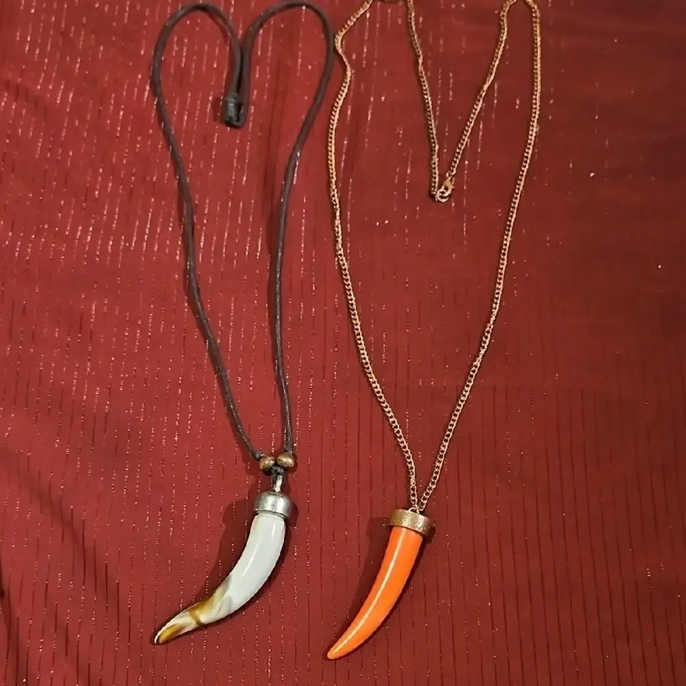 2 Orange and White Tusk Pendant Necklaces